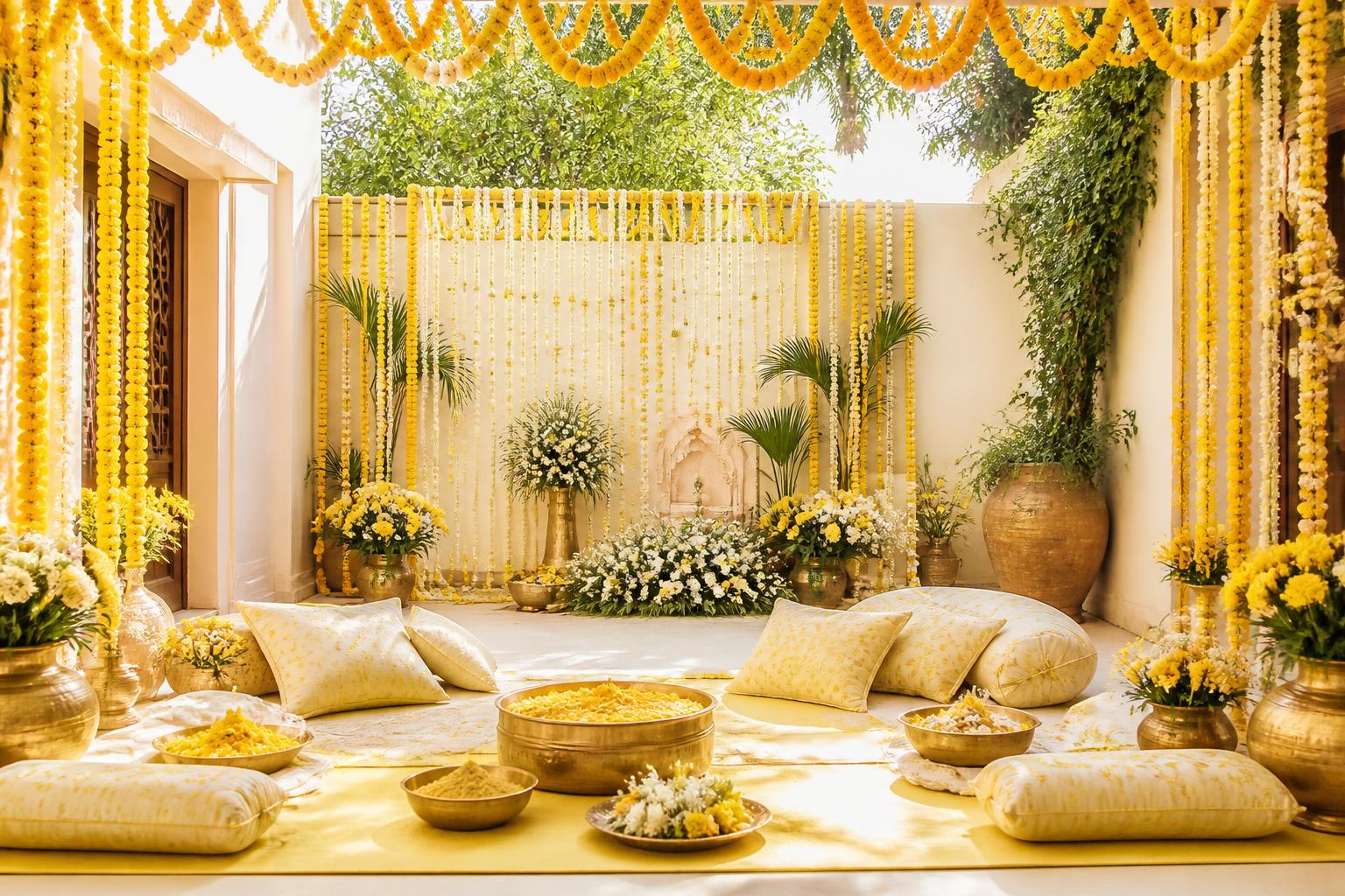Sunlit haldi courtyard decor with yellow marigold curtains and brass turmeric bowls