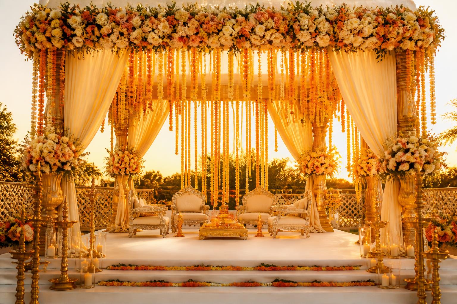 A grand mandap draped in ivory silk with cascading marigold garlands at golden hour
