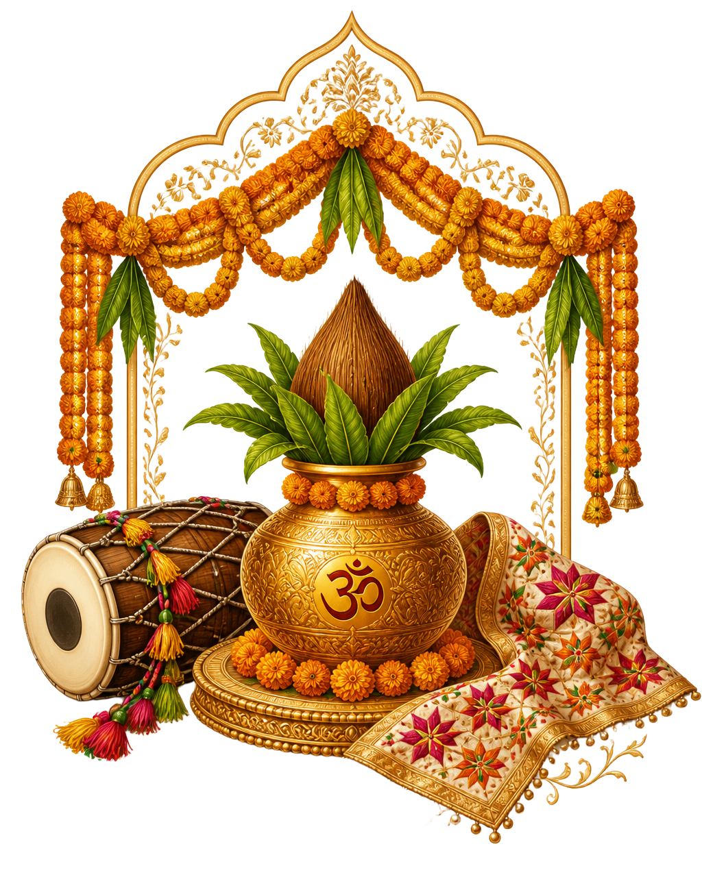 North Indian wedding decor with a golden kalash, marigold toran and dhol