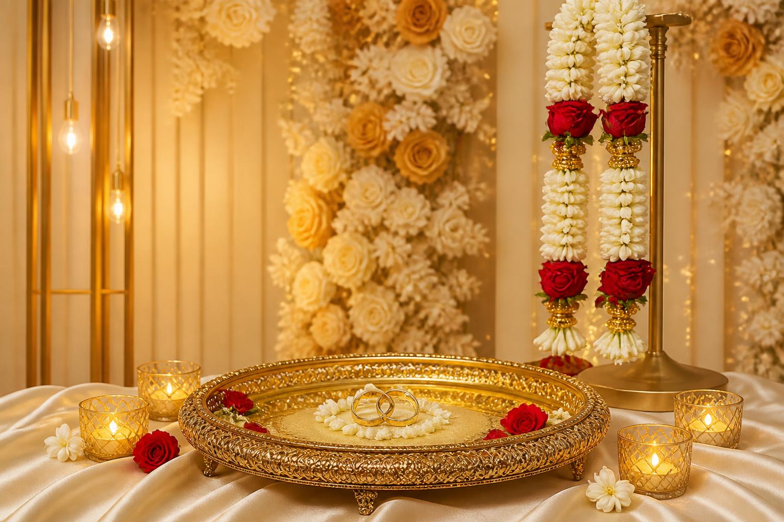 Golden ring platter and jasmine garlands set against a candlelit floral backdrop