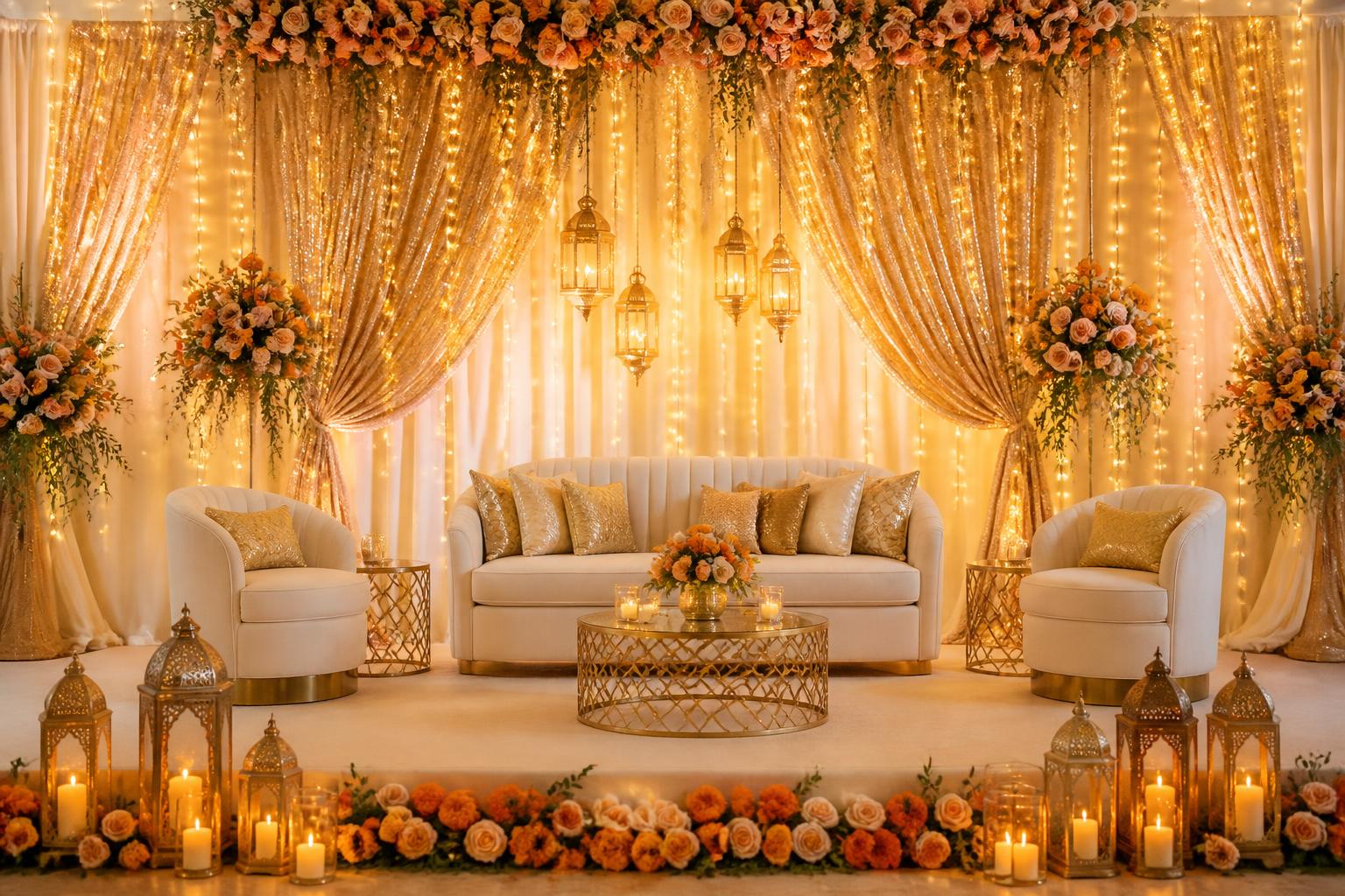 Sangeet stage decor glowing with fairy lights, gold drapes and floral arrangements