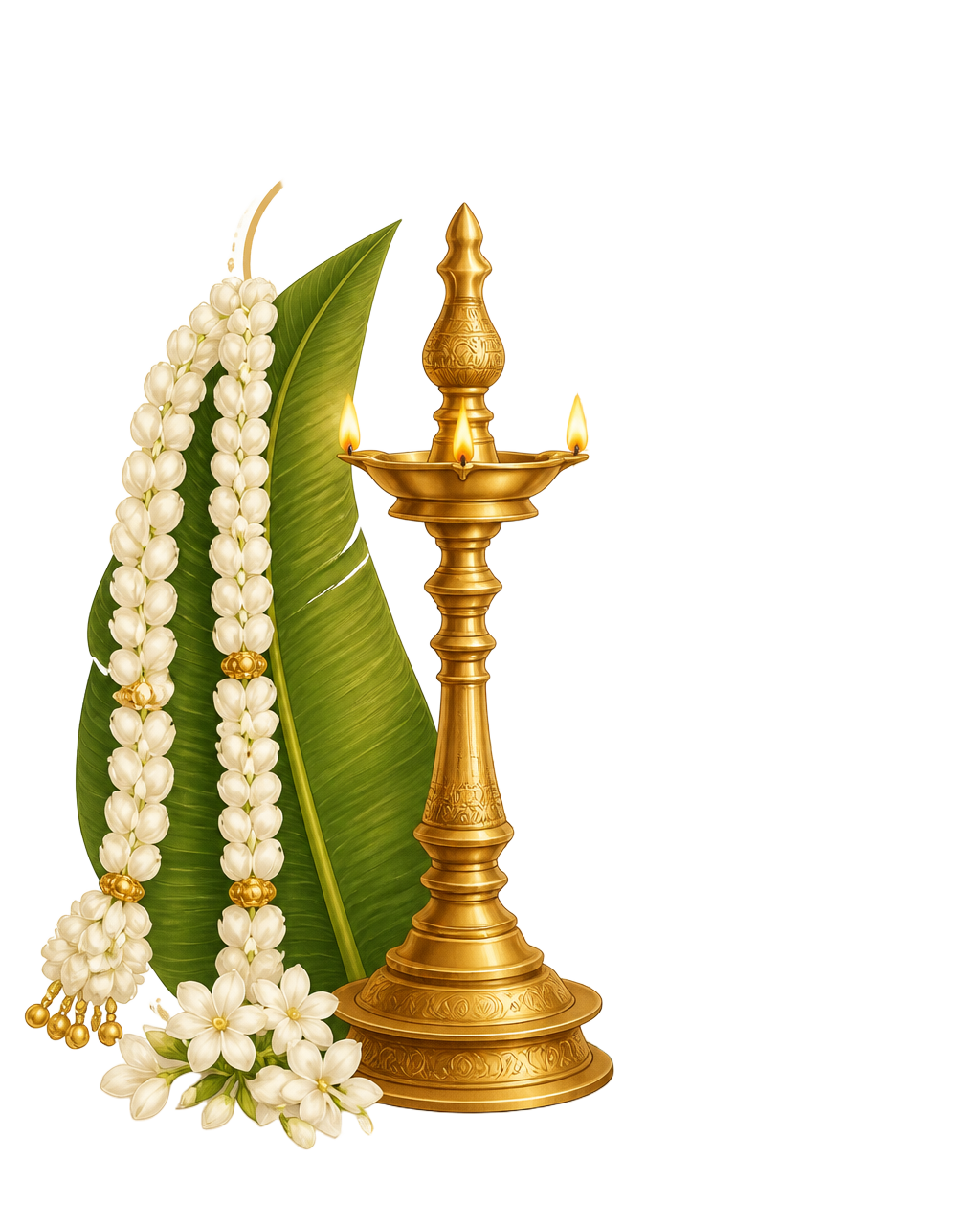 South Indian wedding decor with a brass lamp, jasmine strings and banana leaf
